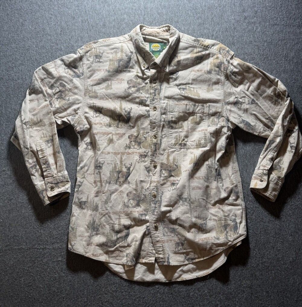 Cabela's Shirt Mens Large REG Deer Print Long Sleeve Button Brown Cotton Outdoor